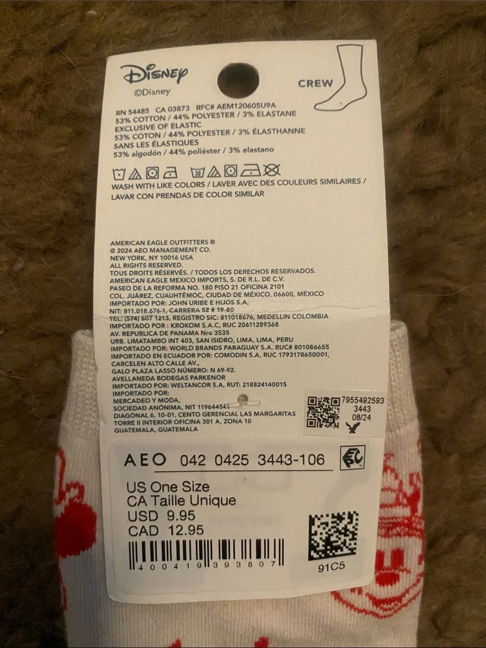 American Eagle Outfitters White & Red Disney Holiday Crew Socks